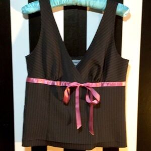 Y2K Office Vixen Going Out Tank Top Blouse Pinstripe & Pink Bow Juniors Med/Lg